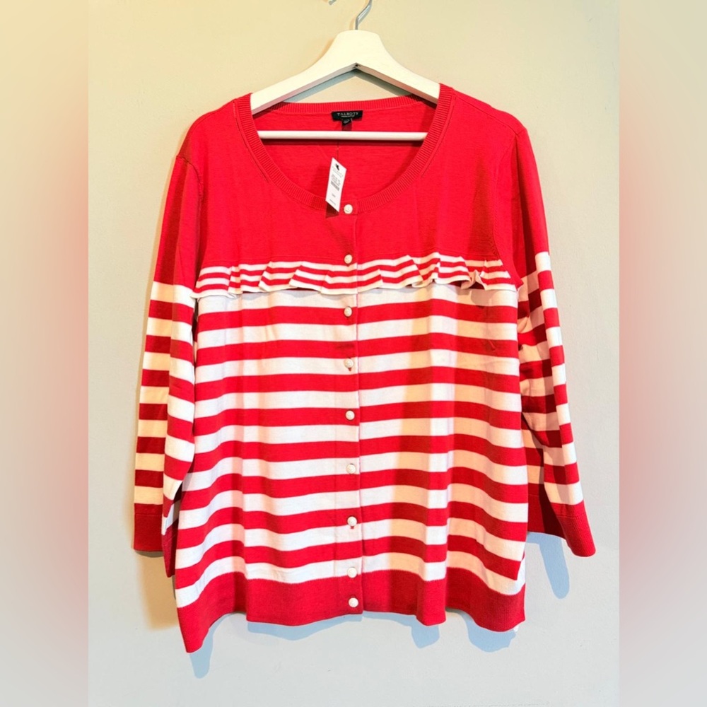 NWT Talbots women Red Ivory Striped Ruffle Cardigan Sweater 3XP nautical